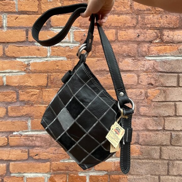 Lucky Brand Vintage Leather Patchwork Hobo Crossbody Purse Bag Grey Black New - Picture 14 of 14